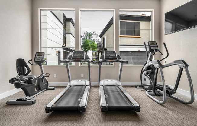 A well-equipped gym with treadmills, elliptical machines, and a stationary bike.
