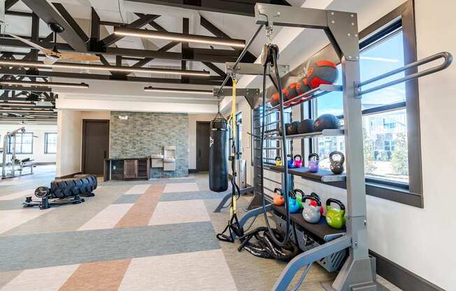 A gym with a variety of equipment including a pull up bar.