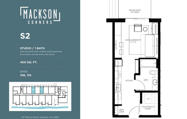 Studio, 1 bath, 400 sqft, $1,075, Unit 310