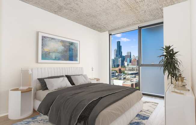 a bedroom with a bed and a large window at One 333, Chicago, Illinois