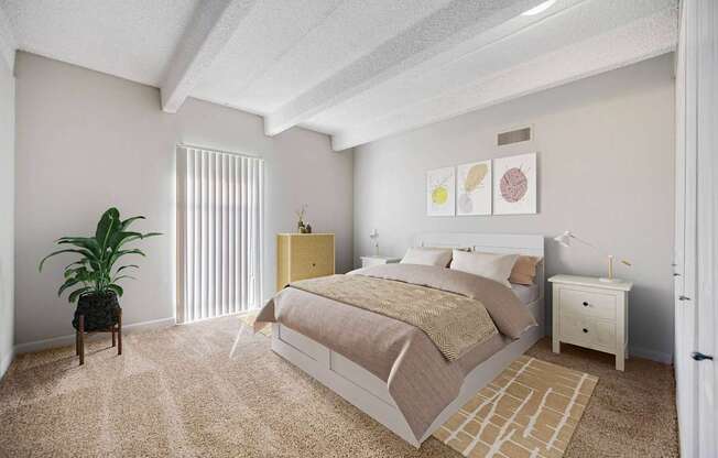 A bedroom with a bed, nightstand, and chair.