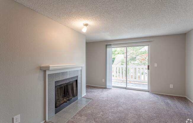 Living room with wood burning fireplace