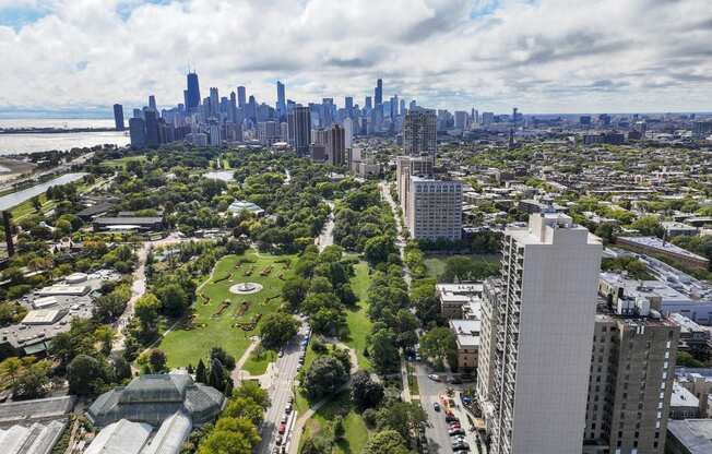 an aerial view of the city and its parks  at The Belden Stratford, Chicago, 60614