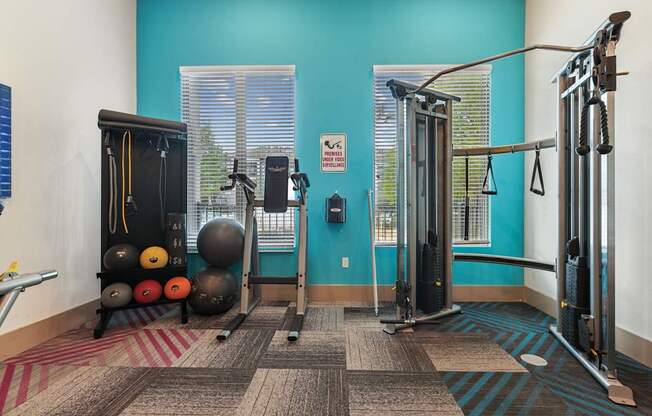 A gym with a blue wall and a variety of exercise equipment.