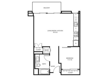 1 E4C - 1 Bedroom 1 Bath Floor Plan Layout - 664 Square Feet