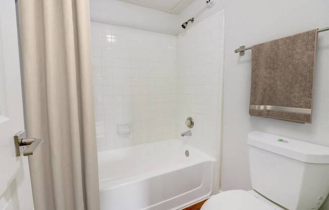 a bathroom with a tub and a toilet and a shower curtain