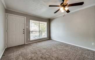 A room with a ceiling fan and carpeted floor.