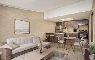 a rendering of a living room with a kitchen