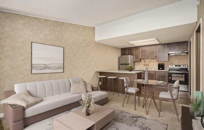 a rendering of a living room with a kitchen