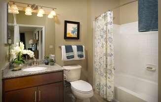 A bathroom with a toilet, sink, and shower.