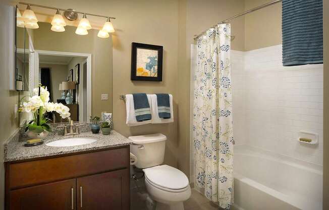 A bathroom with a toilet, sink, and shower.