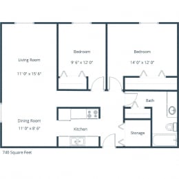 2 beds, 1 bath, 740 sqft, $640