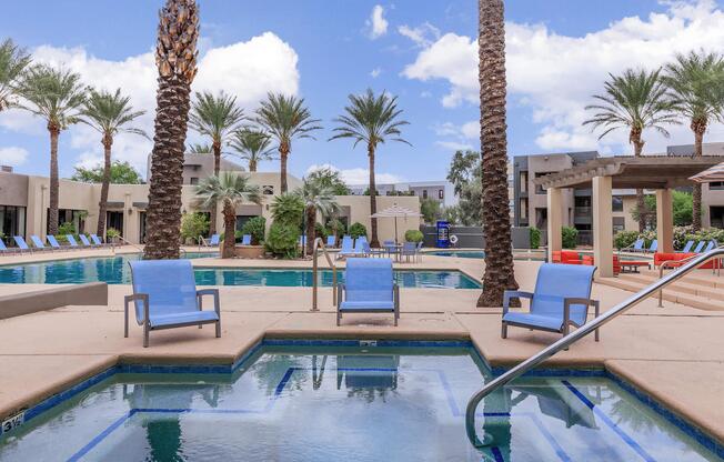 a group of palm trees next to a pool