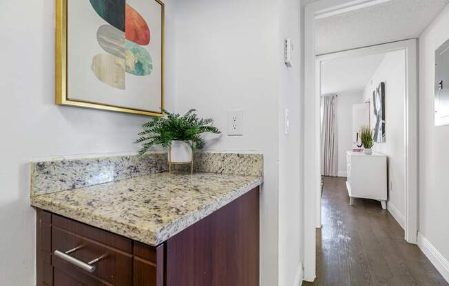 A kitchen with a marble countertop and a painting above it.