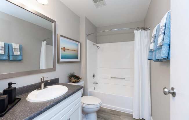 a bathroom with a white shower and a sink and a toilet