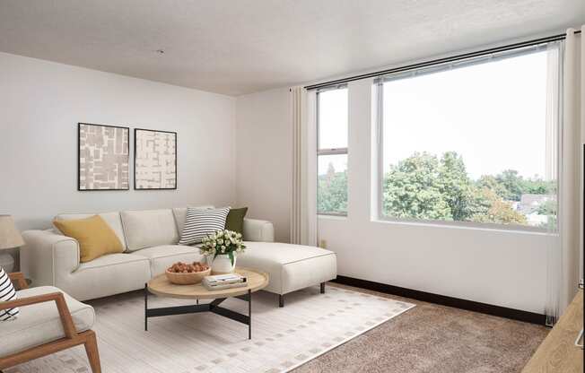 a living room with a large window and a white couch