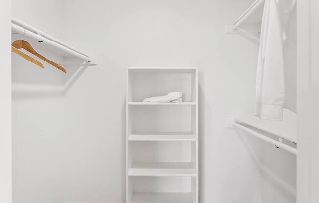 A white closet with a shelf and a hanger.