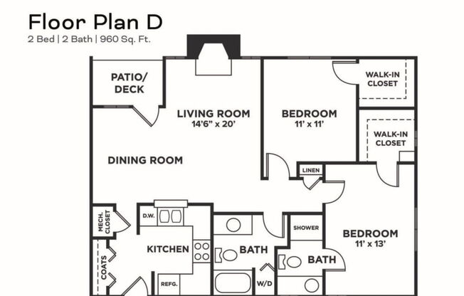 2 beds, 2 baths, 960 sqft, $1,279