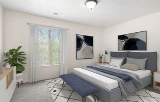 A bedroom with a large bed and a window with curtains at Old Farm Apartments, Elkhart, Indiana