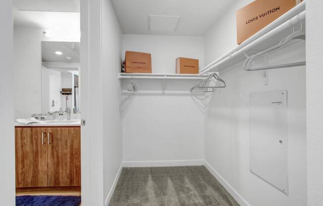 a white closet with boxes and hangers on a shelf