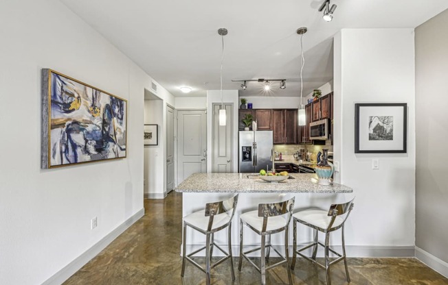 Modern kitchen with stainless steel appliances and granite countertops at Allusion at West University apartments in Houston, TX