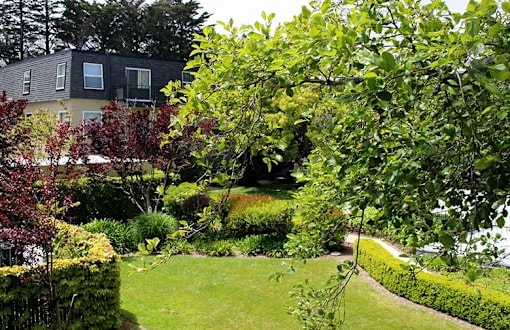 a garden with a house in the background