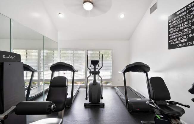 the gym has plenty of treadmills and ellipticals and a window overlooking the