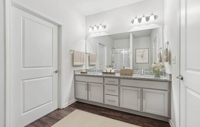 A bathroom with a vanity and a mirror.
