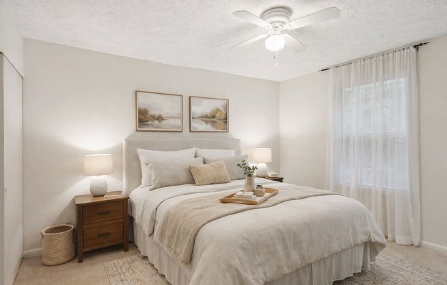A bedroom with a bed, nightstand, and two pictures on the wall.
