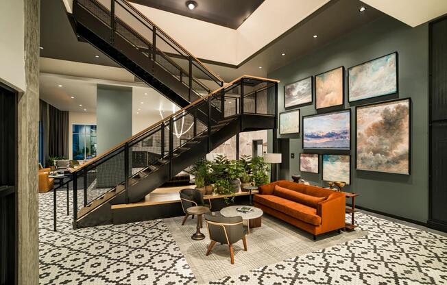 Artful design and layered textures welcome you to Modera Shoreline’s lobby, where striking details meet a sense of comfort and community.