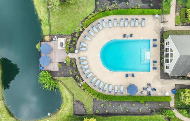 arial view of a swimming pool with umbrellas and grass