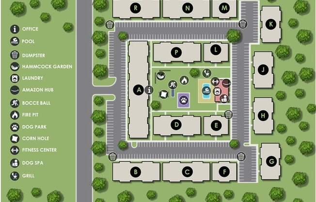 A map of a complex with a pool, fitness center, and dog spa.