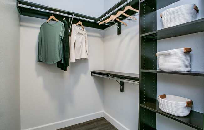 Lyric Apartments0 walk in closet with black shelving and white walls