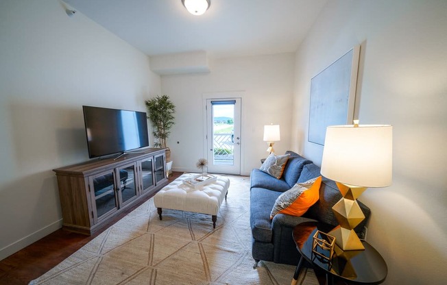 A living room with a television, a couch, and a rug.