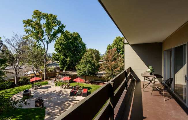 Pet-Friendly Apartments in Palo Alto, CA - Palo Alto Place - Wide Balcony Overlooking Community Courtyard.