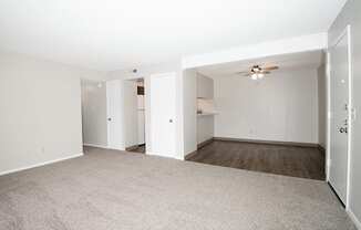A room with a carpeted floor and a ceiling fan.