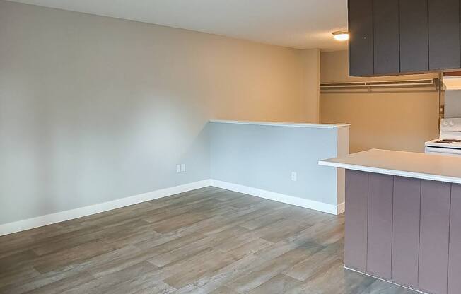 A room with a wooden floor and a white counter.