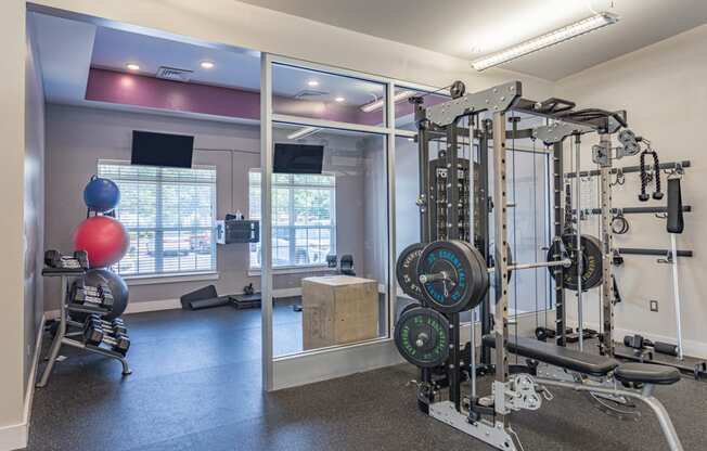 a gym with weights and other exercise equipment and a window
