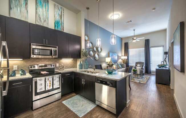 a kitchen with stainless steel appliances and a counter top at South Side Flats, Dallas, TX
