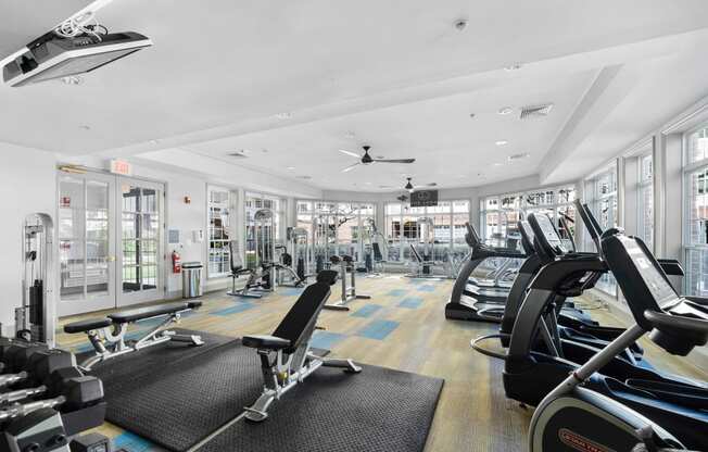 a gym with cardio equipment and windows  at The Lena, Raritan, 08869