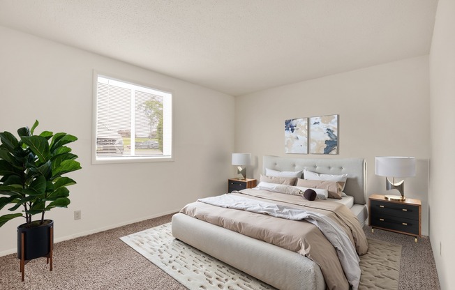 A bedroom with a large bed and a potted plant.