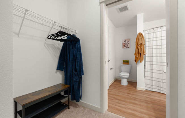 a bedroom with a closet and a bathroom with a toilet