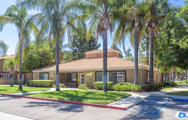 a building with palm trees in front of it