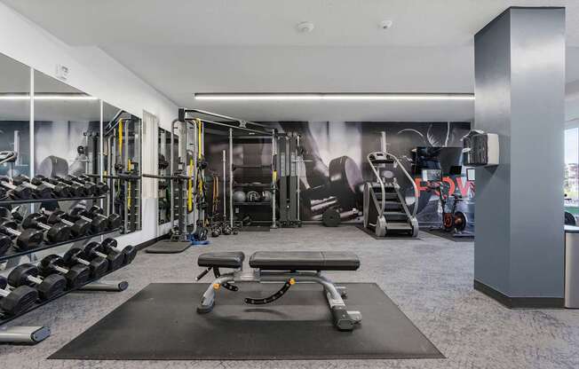 a gym with weights and cardio equipment on the floor and a wall with a mural