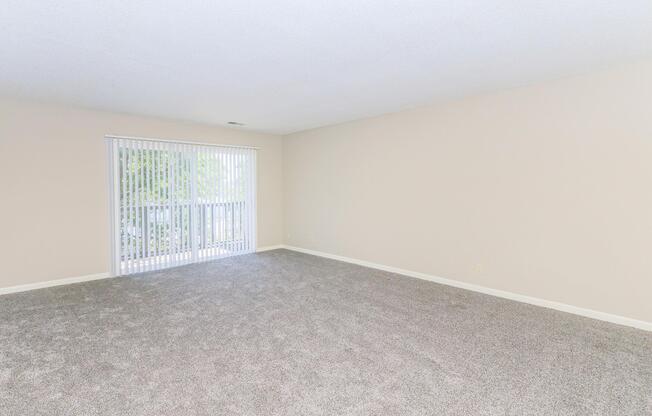 Empty living room with light beige walls and plush gray carpet. It features a large sliding glass door with vertical blinds that opens to a balcony, allowing natural light to brighten the space. The room is spacious and devoid of furniture, giving a clean and airy feel.