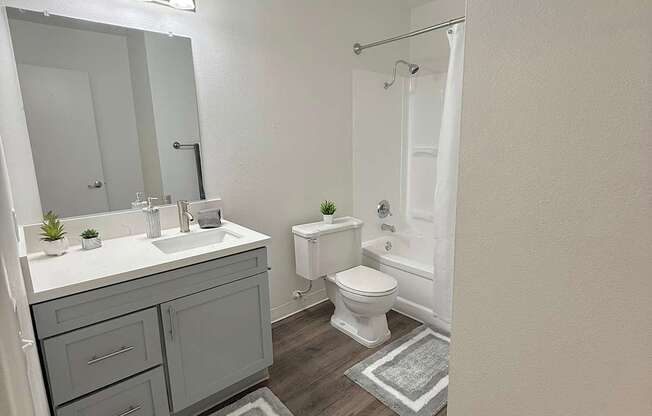 A bathroom with a white sink, toilet, and a mirror.