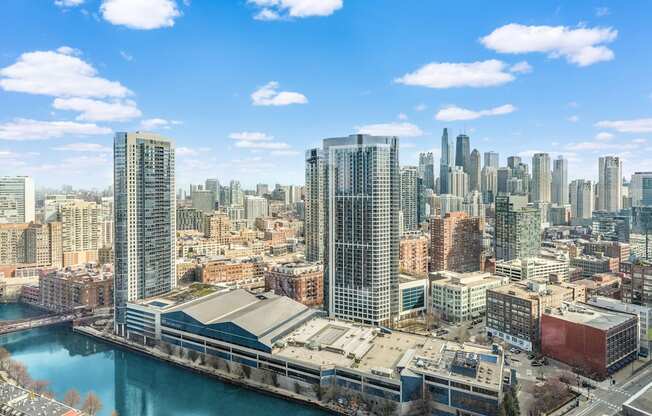 an aerial view of the city and the river at Cassidy on Canal, Chicago, IL