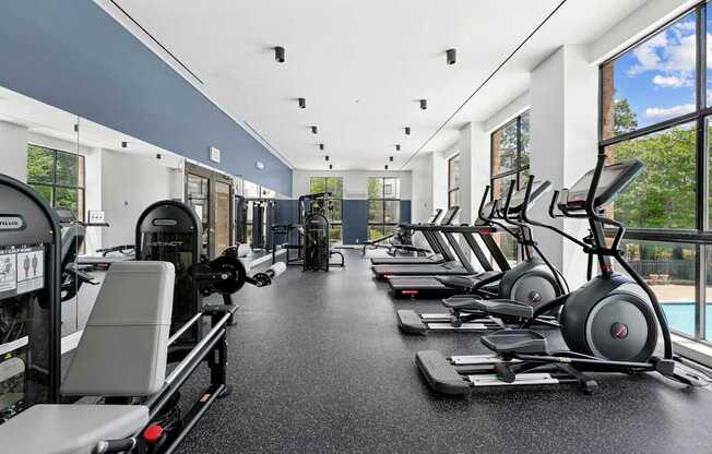 A gym with treadmills, elliptical machines, and other exercise equipment.