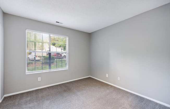 an empty bedroom with a large window and carpeting