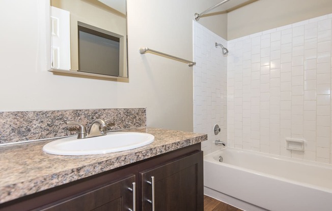 a bathroom with a sink and a shower and a bath tub